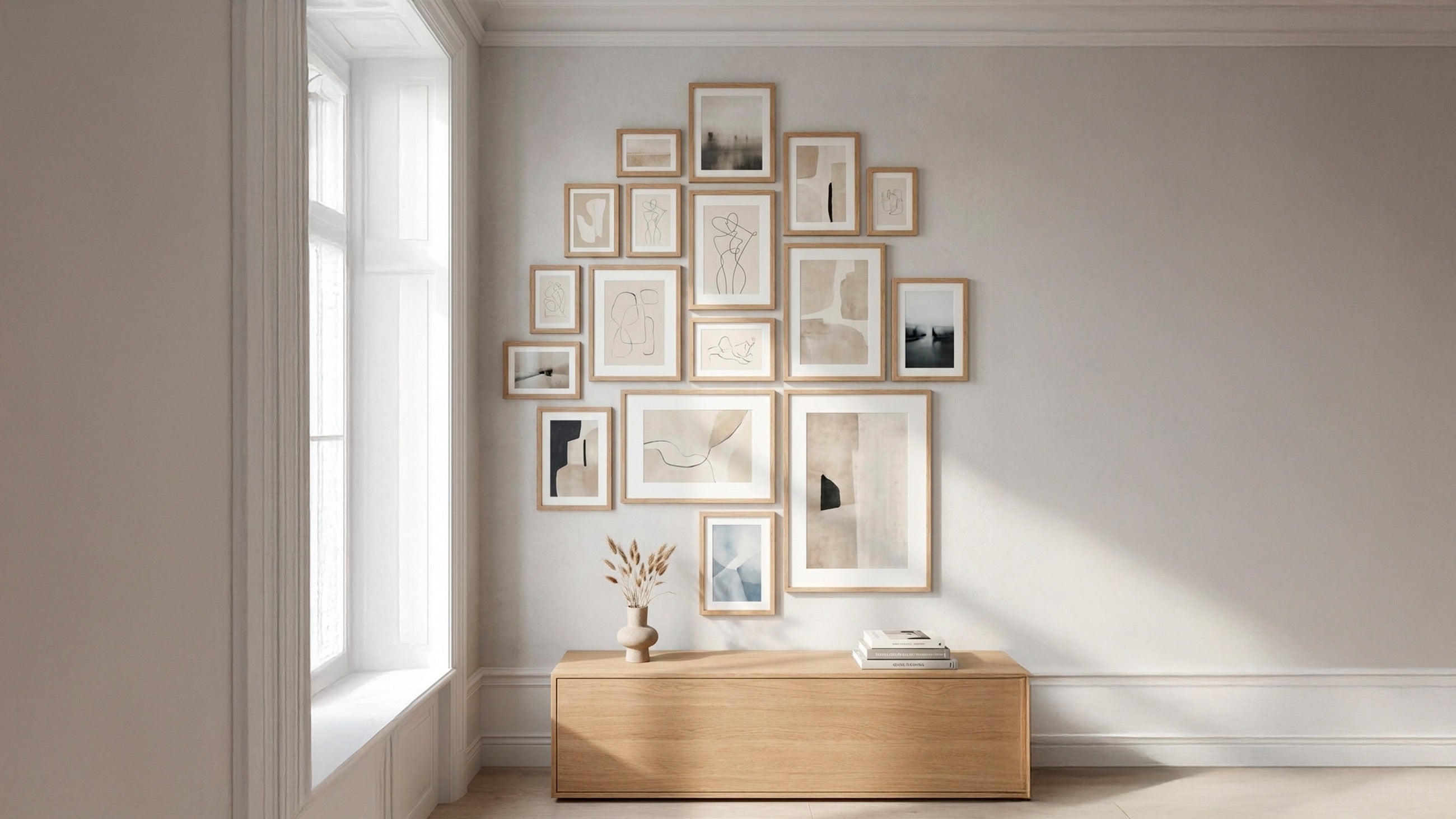 Mur décoré de cadres en bois clair avec œuvres minimalistes, meuble bas en bois naturel, style épuré et écoresponsable