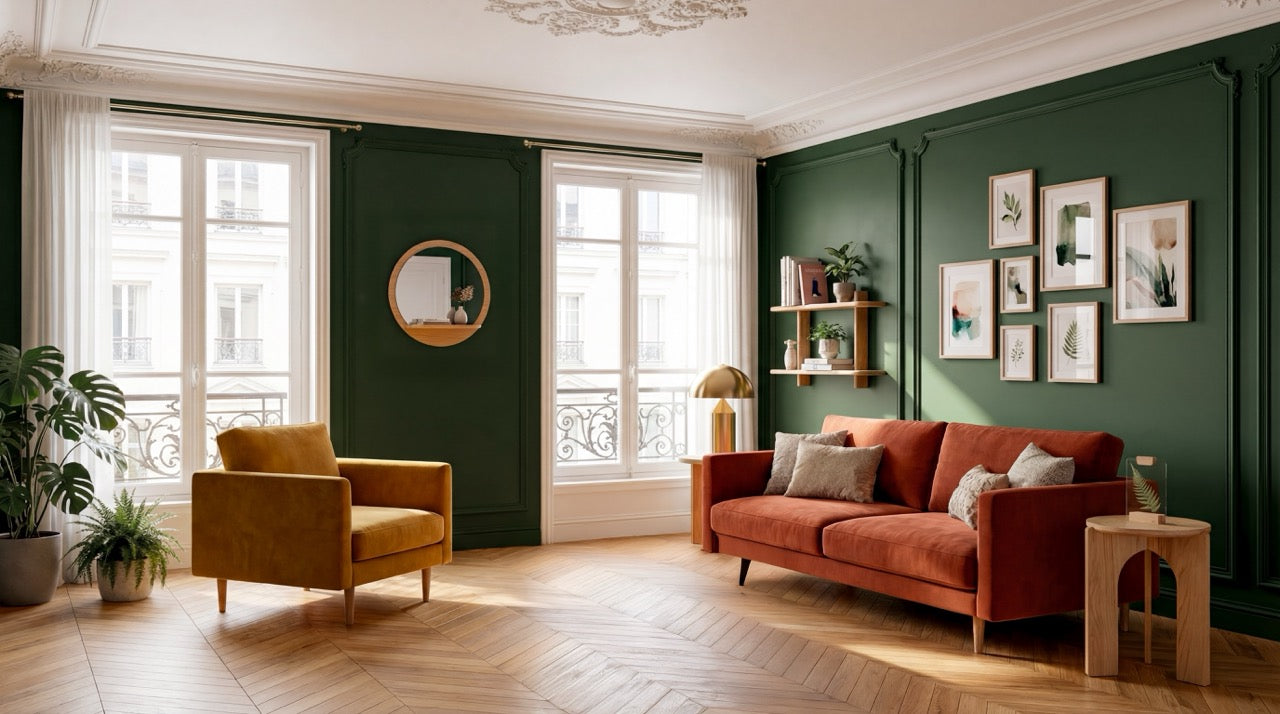 Salon élégant avec canapé velours orange, fauteuil jaune, murs verts et parquet en herringbone