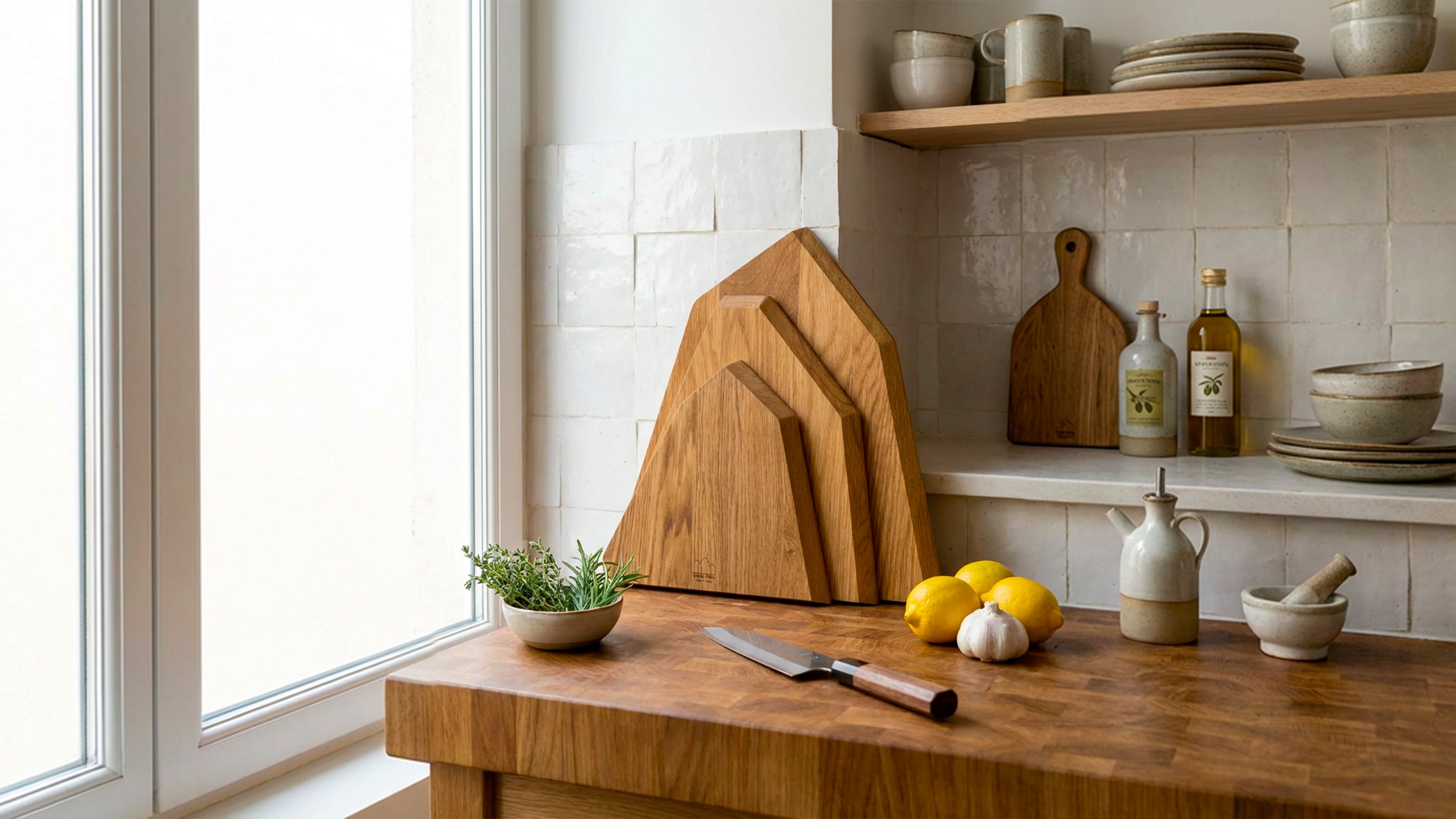 Planche à découper en bois massif, design élégant, cuisine écoresponsable avec citrons et herbes fraîches