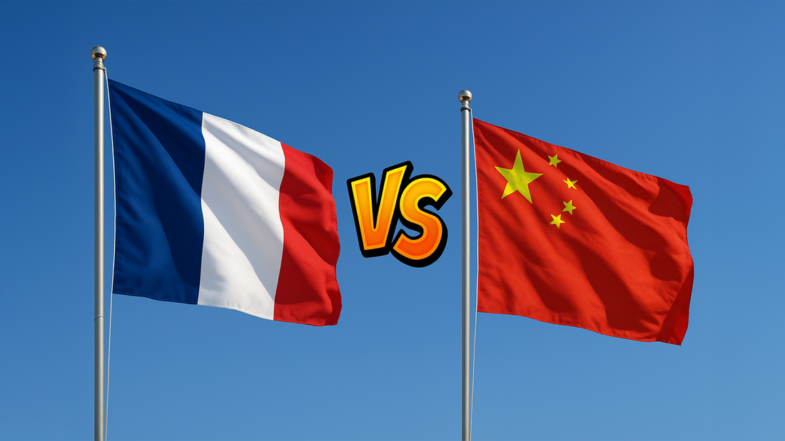 Drapeau français vs drapeau chinois, ciel bleu, comparaison made in France