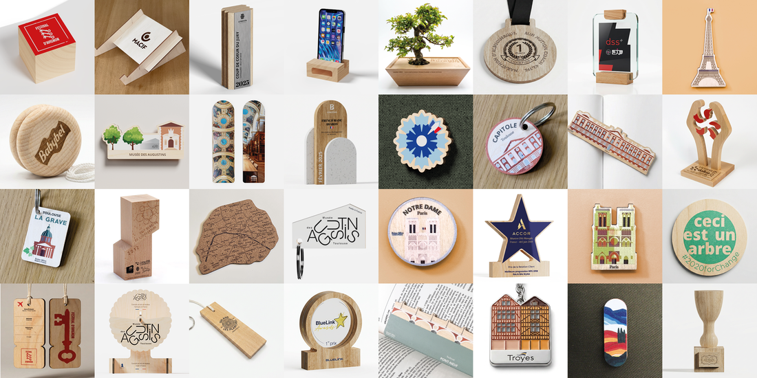 Collection d'objets en bois made in France : trophées, porte-clés, décorations et souvenirs écoresponsables