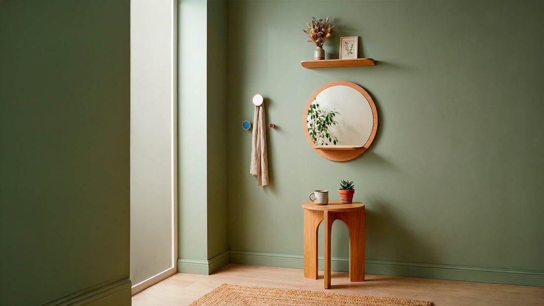 Miroir rond en bois avec étagère, table d'appoint et patères design dans un intérieur vert doux, mobilier made in France écoresponsable