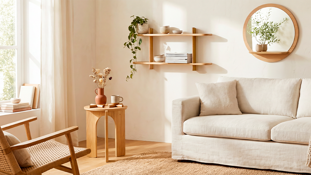 Canapé en lin naturel, étagères en bois, table d'appoint et fauteuil tressé dans un intérieur épuré et écoresponsable